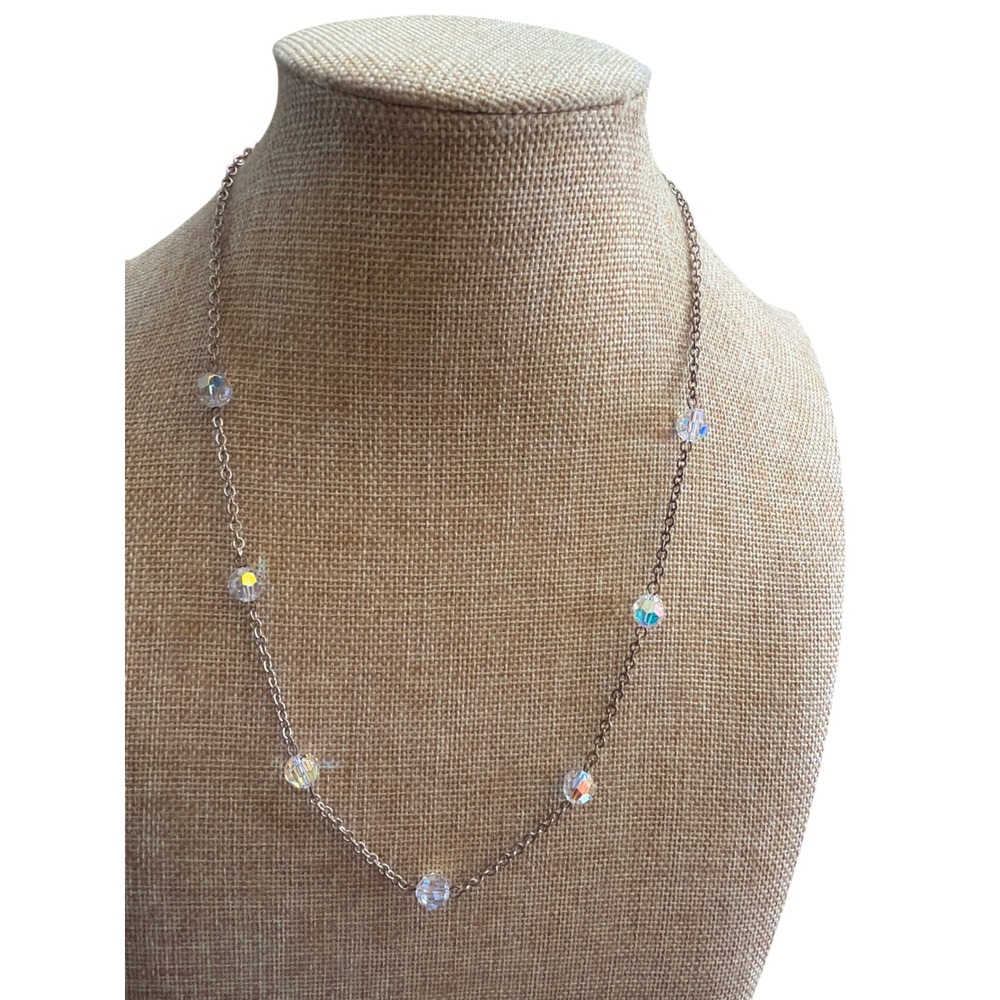 Silver Tone Aurora Borealis AB Iridescent Crystal Station Necklace Layering